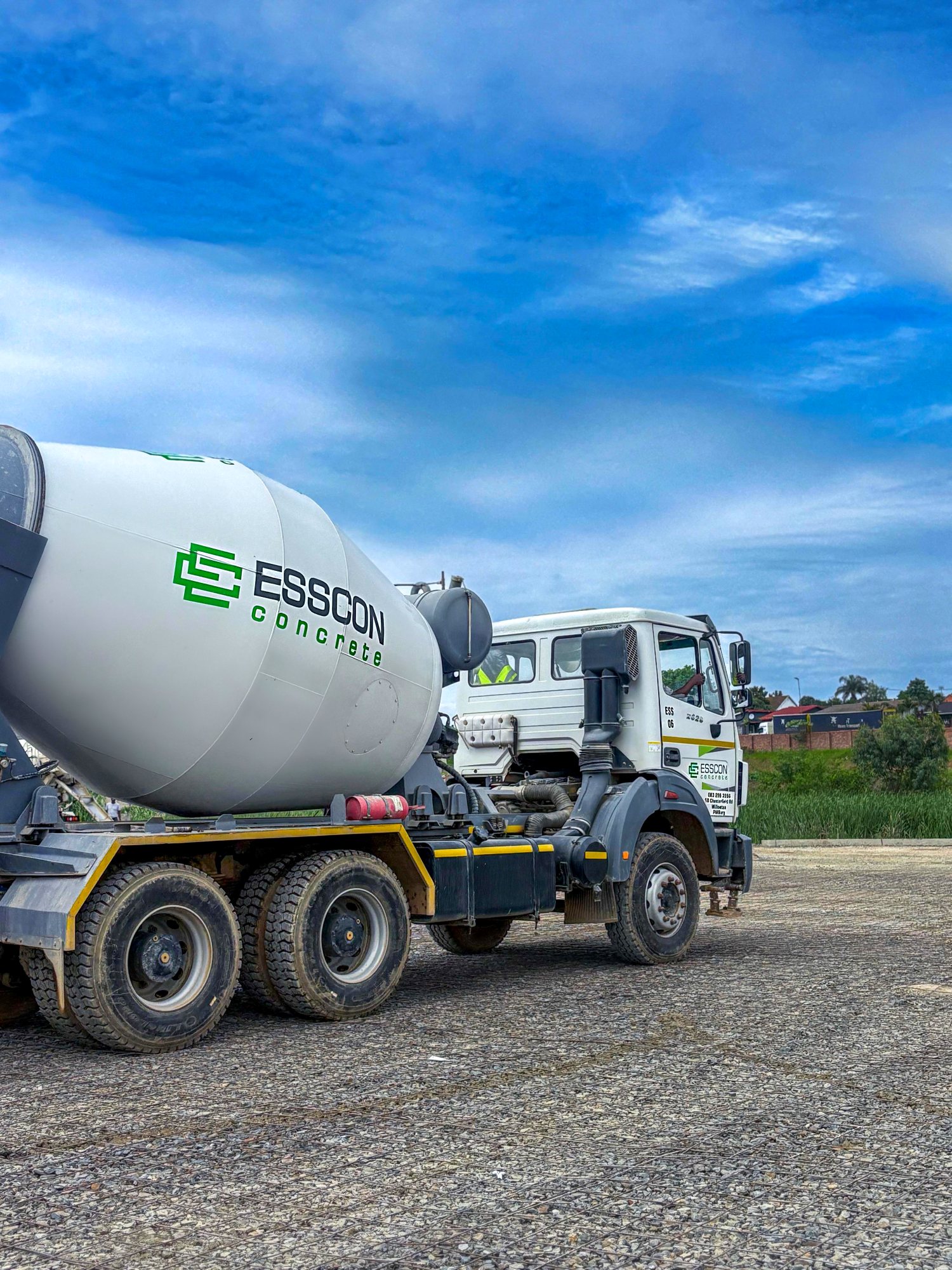 Esscon Concrete branded mixer truck under an open sky in Pietermaritzburg