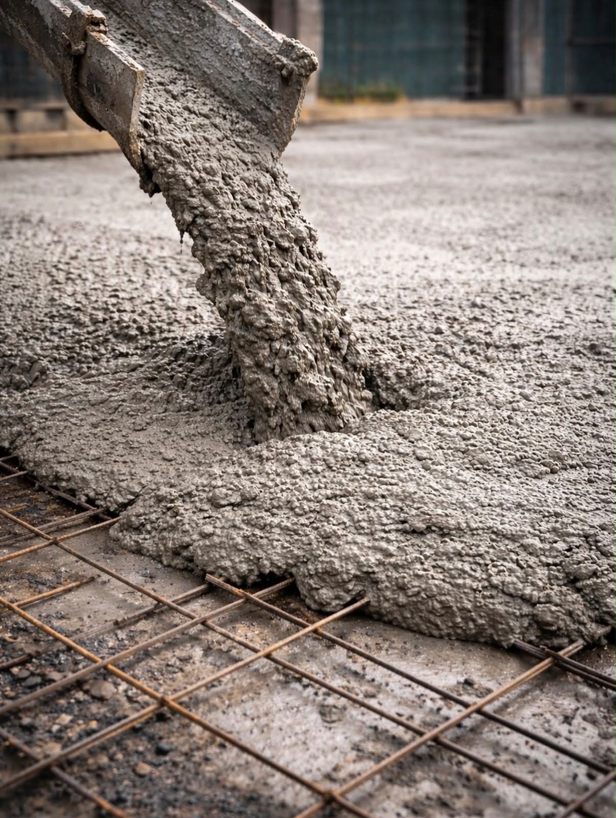 Fresh concrete being poured onto a reinforced slab